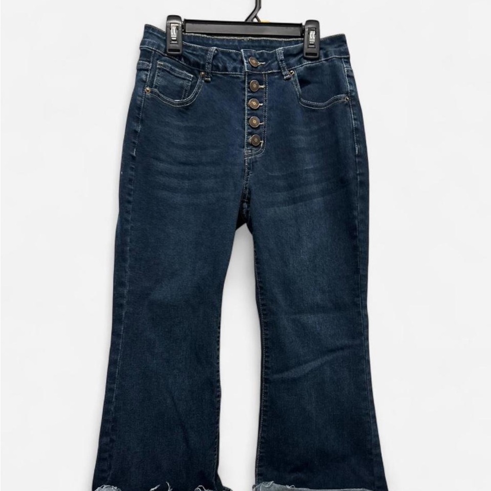 Women's Dark Blue Button Fly Wide Leg Jeans
